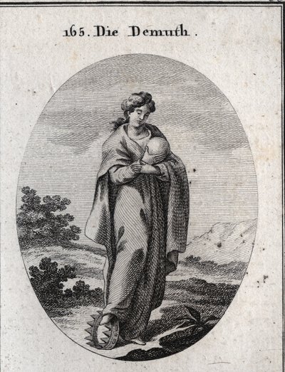 Allegori om ydmykheten. Under foten hans, en krone av gull beriket med edelstener. Hun dedain vurderer en ball som representerer jorden som hun savner storheten. Gravering i "" Iconologie oder Ideen aus dem Gebiete der Leidenschaften und Alleg av Austrian School