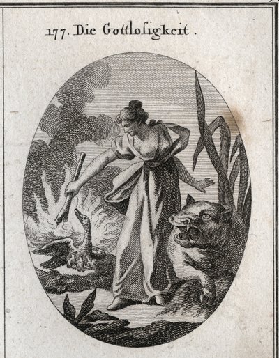 Allegory of the impiete holding a torch from which she burns a pelican in her nest with her young. His attribute is the hippo. Engraving in “” Iconologie oder Ideen aus dem Gebiete der Leidenschaften und Allegorien bildich dargestellt fur Zeichner, Mahler, av Austrian School