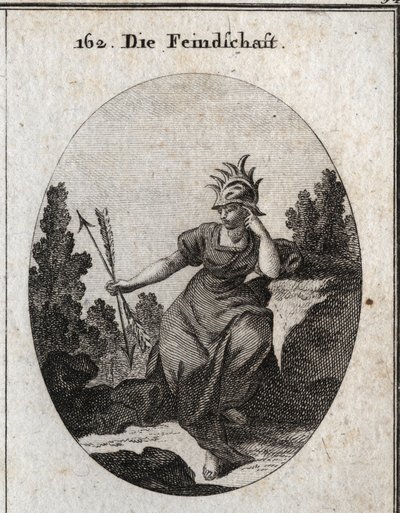 Allegory of the inimite with a helmet trimmed with iron tips. Her dress is strewn with flames. The two arrows she holds to the opposite are synonymous with contradiction. Engraving in “” Iconologie oder Ideen aus dem Gebiete der Leidenschaften und Allegori av Austrian School