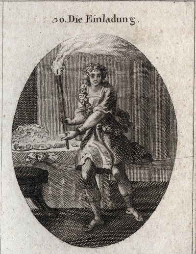 Allegory of the invitation as a young man with a laughing face inviting to a table covered with dishes. The torch he holds is the attribute of Comus, god of feasts and night parties. Engraving in “” Iconologie oder Ideen aus dem Gebiete der Leidenschaften  av Austrian School
