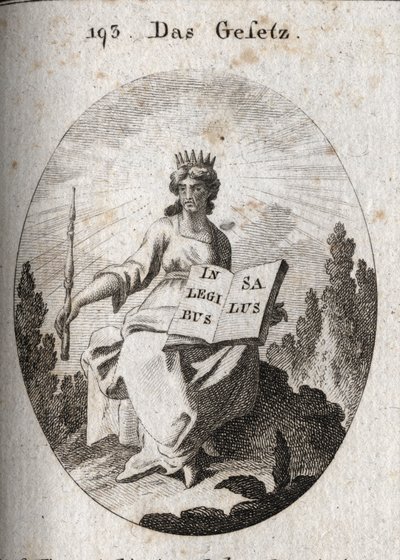 Allegori av loven. Hans strålende diademe markerer hans guddommelige opphav. Septeret angir dens autoritet og boken er åpen eller påskrevet "" In Legibus Salus"" betyr at den lover en belønning til de som adlyder den. Gravering i "" Iconologie oder Ideen a av Austrian School