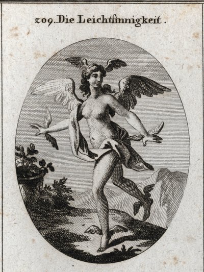 Allegory of the light. She has wings on her head, shoulders, feet and hands. Engraving in “” Iconologie oder Ideen aus dem Gebiete der Leidenschaften und Allegorien bildich dargestellt fur Zeichner, Mahler, Dichter, Gelehrte, Erzieher und freunde Hoherer G av Austrian School