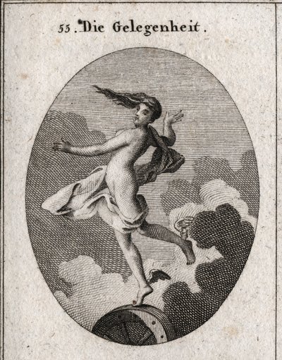 Allegory of the occasion. With wings on the feet and hair forward, it rests slightly on a wheel. Engraving in “” Iconologie oder Ideen aus dem Gebiete der Leidenschaften und Allegorien bildich dargestellt fur Zeichner, Mahler, Dichter, Gelehrte, Erzieher u av Austrian School
