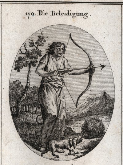 Allegory of the offence in the process of decoding an arrow and whose clothing is filled with tongues and knives. Attack by dogs the herisson that throws his darts means the compulsion to repel the offense by offense. Engraving in “” Iconologie oder Ideen  av Austrian School