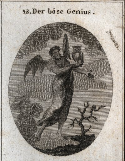 Allegory of the opposite genie represented by a bad genie with bat wings (bat) and holds an owl, bird of bad pressing. Engraving in “” Iconologie oder Ideen aus dem Gebiete der Leidenschaften und Allegorien bildich dargestellt fur Zeichner, Mahler, Dichter av Austrian School