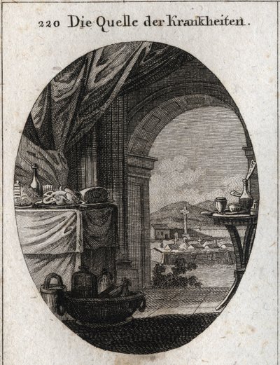 Allegory of the origin of diseases. Seneque, hating the exces of the treats of his time, said one day: “Do you wonder you may see unnumbered diseases? Think there are also an infinite number of cooks.” Engraving in “” Iconologie oder Ideen aus dem Gebiete  av Austrian School