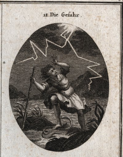 Allegori om faren representert av en ung mann som rømmer fra en rask strøm ved å sette foten på en slange som stikker ham og samtidig slo en torden bak ham. Gravering i "" Iconologie oder Ideen aus dem Gebiete der Leidenschaften und Allego av Austrian School