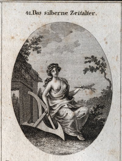 Allegori av sølvalderen med et håndtak av epis for å dyrke jorden og tre for å lage hytter. Gravering i "ikonologi eller ideer fra feltet av lidenskaper og allegorier avbildet for tegnere, malere, poeter, lærde og lærere av Austrian School