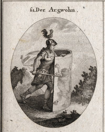 Allegory of the suspicion cuts behind a shield on which stands a lion, symbol of the suspicion according to aristotle, and a rooster on the helmet that represents vigilance. Engraving in “” Iconologie oder Ideen aus dem Gebiete der Leidenschaften und Alleg av Austrian School