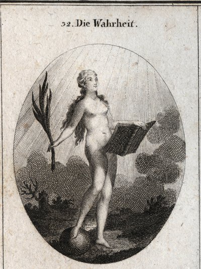 Allegori om sannheten representert naken uten kunstgrep og naturlige blikk på solens lys. Håndflaten symboliserer svindelens triumf og boken representerer studie. Gravering i "" Iconologie oder Ideen aus dem Gebiete der Leidenschaften und Allegor av Austrian School