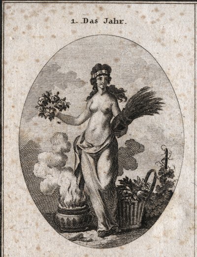 Årets allegori omgitt av symboler fra de fire årstidene (blomsterkrans for våren, hvetekrans for sommeren, grunnkurv for høsten og ildvase for vinteren). Året er halvt disdressed i referanse til grader av varme og kulde med av Austrian School
