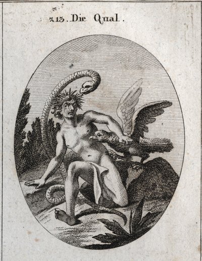 Allegori om pine. Hodet hennes omgitt av torner betyr plager i sinnet. Slangen sier at frykten for faren gjør den mer formidabel. En gribb spiser hjertet hans. Gravering i "" Iconologie oder Ideen aus dem Gebiete der Leidenschaften und Allego av Austrian School