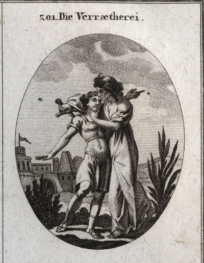 Allegory of treason. An awful old woman caresses a handsome young man and at the same time prepares to stab him. Engraving in “” Iconologie oder Ideen aus dem Gebiete der Leidenschaften und Allegorien bildich dargestellt fur Zeichner, Mahler, Dichter, Gele av Austrian School