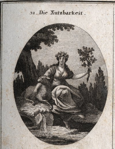 Allegori om nytte. Kronet med druer og apuyee på en sau holder hun en eikegren fylt med frukt og blader som symboliserer ting som er nyttige for livet, akkurat som kildevannet hun sitter i nærheten av. Gravering i "" Iconologie oder Ideen aus dem Gebiete d av Austrian School