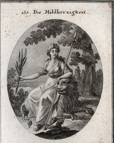 Clemence allegori. Hun er representert med et spyd og en olivengren for å indikere at hun har makt til å straffe, men også til å tilgi. Løven er egenskapen til generositt. Gravering i "" Iconologie oder Ideen aus dem Gebiete der Leidenschaften un av Austrian School
