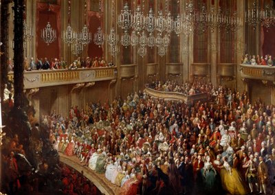 Konsert i Wien i nærvær av den keiserlige familien. Maleri av den østerrikske skolen på 1700-tallet. Schönbrunn slott av Austrian School