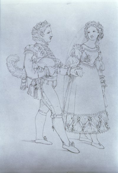 Kostymedesign for Figaro og Susanna fra operaen "The Marriage of Figaro" av Wolfgang Amadeus Mozart (1756-91) (gravering) av Austrian School