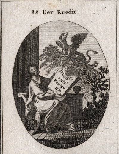 Kreditt allegori som holder en bok med inskripsjonen "" Solutus omni foenore"" (Fri fra en seier av alle). I bakgrunnen et griffon-symbol for bevaring og bevaring av tresorene. Gravering i "" Iconologie oder Ideen aus dem Gebiete der Leiden av Austrian School