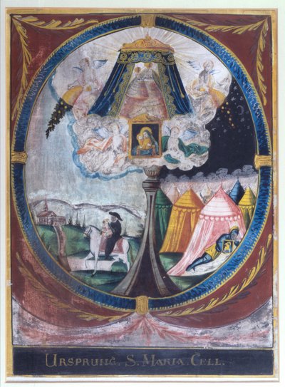 Skildring av munken Magnus som brakte den mirakelarbeidende trestatuen av Jomfru Maria til Mariazell i 1157 og av vår frues tilsynekomst til en sovende ridder (akvarell på papir) av Austrian School