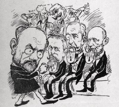 Emile Zola prøver å låse opp låsene som lukker munnen til presidentene Jean Casimir-Perier (1847-1907) og Felix Faure (1841-1899) samt presidenten for rådet Jules Meline (1838-1925), mens han er i bakgrunnen, Henri Rochefort (1831-1913) fortalte Com av Austrian School