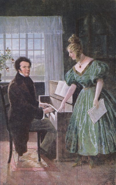 Franz Peter Schubert (1797-1828) spiller piano, postkort ca. 1910 av Austrian School