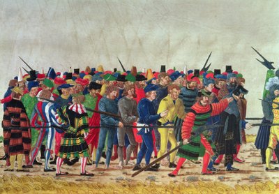 Halberdiers av Maximilian I (1459-1519) som vokter franske fanger av Austrian School