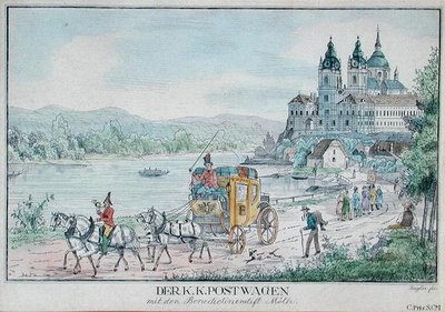 Imperial Austrian Postal Service vogn foran Melk Abbey ved elven Donau, tidlig på 1800-tallet (fargegravering) av Austrian School