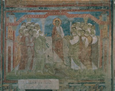 Jesus helbreder en besatt mann i Kapernaum-synagogen (fresco) av Austrian School