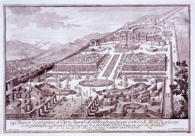 Storslåtte hager og palass til Baron de Huldenburg, bygget av ham i Widlingsau, 1719 av Austrian School