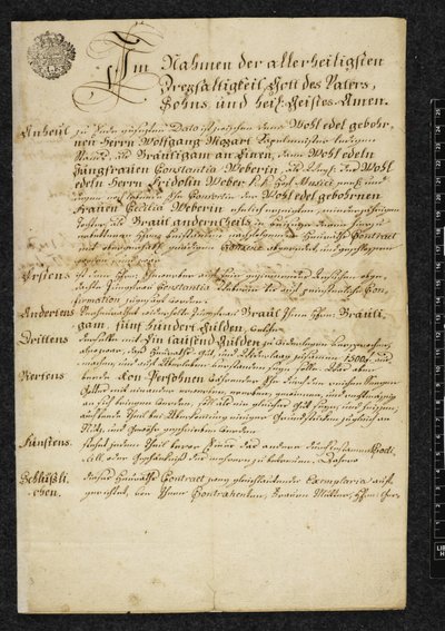 Vigselsattesten til Wolfgang Amadeus Mozart og Constanze Weber av Austrian School