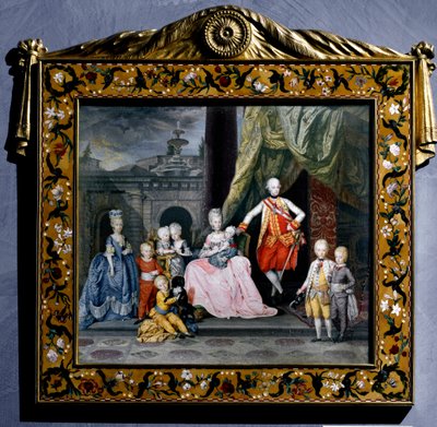Portrett av Pierre-Leopold av Habsburg-Lorraine (Pierre Leopold av Habsburg Lorraine) (1747-1792) (den gang Leopold II av Det hellige rike eller Østerrike) omgir med familien sin (kona Marie Louise og deres 8 barn) miniatyrmaleri. 1776 Wien Hofbour av Austrian School