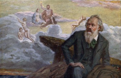 Postkort som viser Johannes Brahms (1833-97) som komponerer sin første symfoni op.68, ca. 1900 av Austrian School