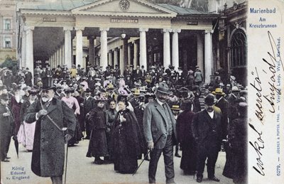 Postkort som viser kong Edward VII (1841-1910) på besøk i spaet i Marienbad, ca. 1905 av Austrian School