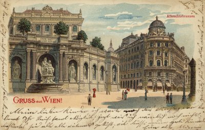 Postkort som viser Albrechtsbrunnen i Wien av Austrian School
