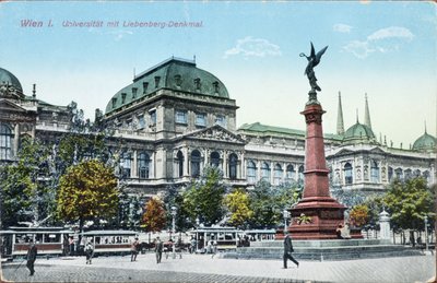 Postkort som viser universitetet i Wien og Liebenberg-monumentet, ca. 1915 av Austrian School