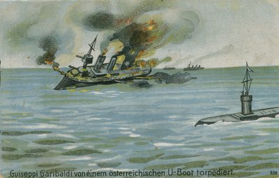 Senking av den italienske krysseren Giuseppe Garibaldi av den østerrikske ubåten U-4, første verdenskrig, 18. juli 1915 av Austrian School