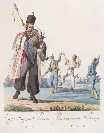 Soldater fra et ungarsk regiment som utfører en rekrutteringsdans, illustrasjon fra en bok Costumes de Hongrie, utgitt i Wien, 1810 av Austrian School