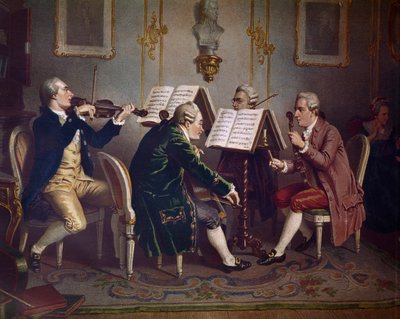 Strykekvartett som spiller et Mozarts verk (Kammermusikk) (litografi av Austrian School