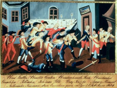 Arrestasjonen av Albrecht von Wallenstein (1583-1634) ved Eger av en styrke av irske og skotske offiserer under kommando av general Butler av Austrian School