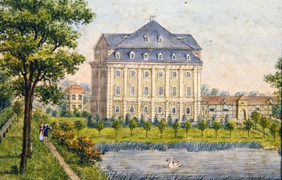 Utsikt over et landschloss, ca. 1780 (gouache) av Austrian School