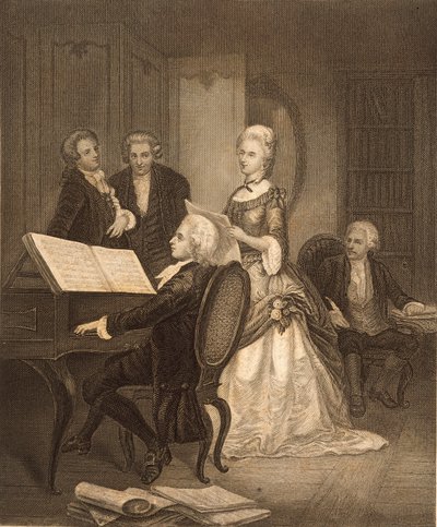 Wolfgang Amadeus Mozart akkompagnerer Caterina Maddalena Giuseppa (gravering) av Austrian School