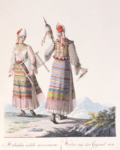 Kvinner i tradisjonell kjole fra Mehadia-regionen, illustrasjon fra en bok Costumes de Hongrie av J.H. de Bikkesy, 1810 (fargegravering) av Austrian School