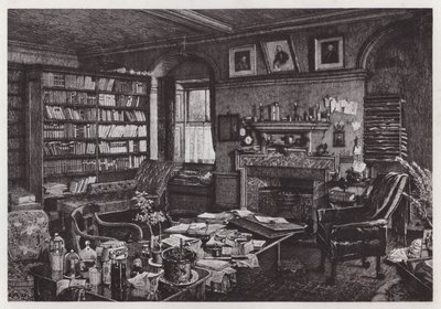 Charles Darwins studie ved Down House (litho) av Axel (after) Haig