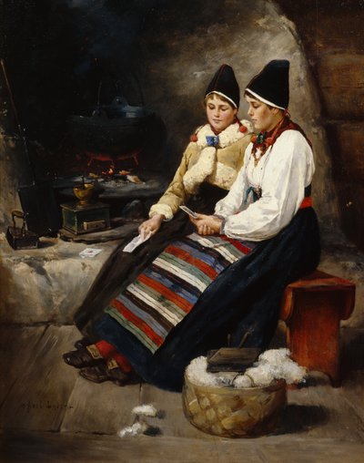 To jenter leser et brev av Axel Hjalmar Ender