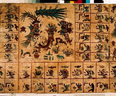 Representasjon av aztekiske guder og bokser som tilsvarer kalenderen. Side av det aztekiske manuskriptet på bark "Codex Borbonicus"", precolombiansk urfolkskodeks i det sentrale Mexico, sent på 1400-tallet. Nasjonalforsamlingens bibliotek (Palais Bourbon). av Aztec