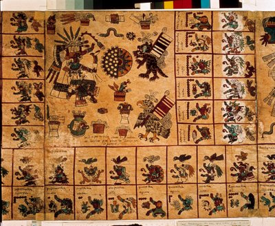 Representasjon av aztekiske guder og bokser som tilsvarer kalenderen. Side av det aztekiske manuskriptet på bark "Codex Borbonicus"", precolombiansk urfolkskodeks i det sentrale Mexico, sent på 1400-tallet. Nasjonalforsamlingens bibliotek (Palais Bourbon). av Aztec