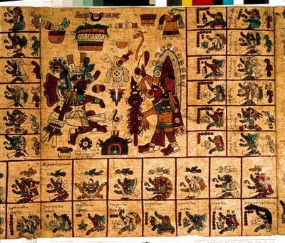 Representasjon av aztekiske guder og bokser som tilsvarer kalenderen. Side av det aztekiske manuskriptet på bark "Codex Borbonicus"", precolombiansk urfolkskodeks i det sentrale Mexico, sent på 1400-tallet. Nasjonalforsamlingens bibliotek (Palais Bourbon). av Aztec