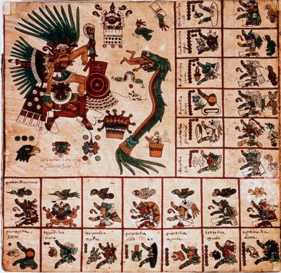Representasjon av Quetzalcoatl og Tezcatlipoca, aztekiske guder og bokser som tilsvarer kalenderen. Side av det aztekiske manuskriptet på bark "Codex Borbonicus"", precolombiansk urfolkskodeks i det sentrale Mexico, sent på 1400-tallet. Library of the Nati av Aztec