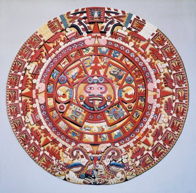 Pre-columbiansk sivilisasjon: Aztec-kalenderen (Stone of the Sun): plate som representerer den aztekiske kalenderen og kosmogonien (Tonalpohualli) av Aztec Aztec