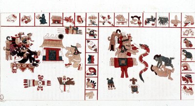 Den aztekiske guden Cihuacohuatl representert i et hieroglyfisk manuskript, piktogrammer. av Aztec Aztec